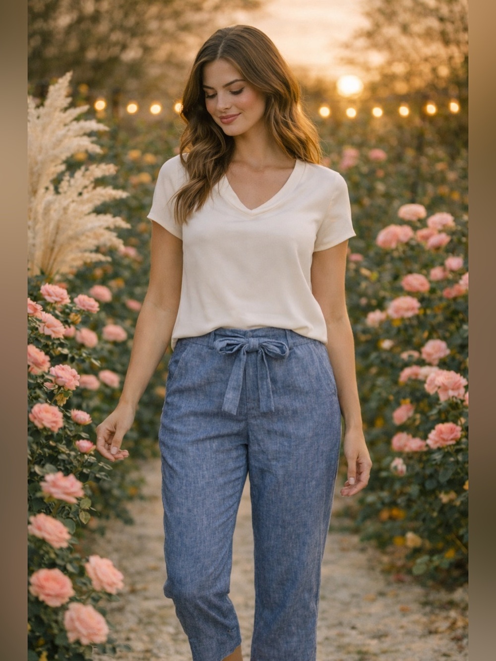 Banana Republic Avery Tie-Waist Linen Blend Blue Chambray Ankle Trousers 2P